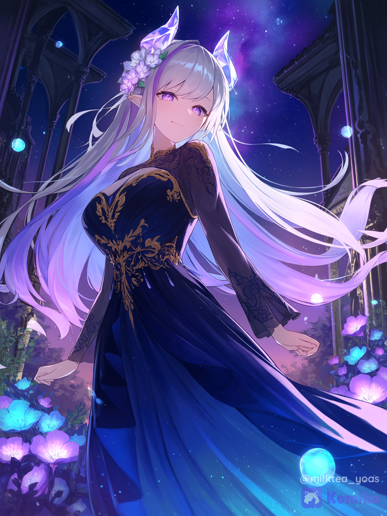 A stunning anime girl demon in a lush fantasy realm, beautiful and ethereal with delicate, translucent crystal horns curving gracefully from her brow and soft, glowing amethyst eyes. She has long, cascading silver hair with subtle purple undertones, wearing an elegant, flowing midnight-blue silk gown adorned with intricate golden embroidery and starlight motifs. Her expression is gentle and serene, with a faint, captivating smile. The background is a magical, enchanted twilight forest filled with bioluminescent flora, floating soft-glowing wisps, and a hazy purple nebula in the night sky. vibrant fantasy colors, anime key visual style, soft cinematic lighting, 8k resolution., [moe-card-style]