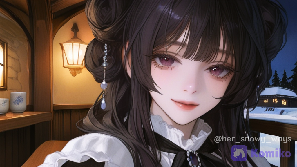 [semi-realistic-portrait-style], 1girl, @snow-D3PU, selfie, smile, lolita outfit, hair accessory, high bun, stockings, knee-high boots, full body, balcony, tavern