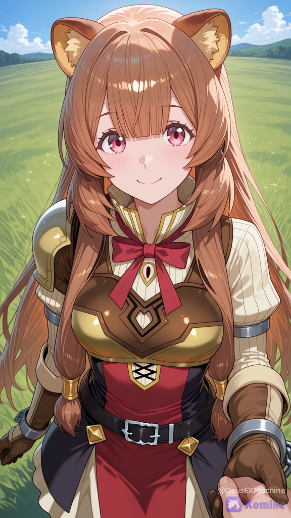 [soft-luminous-anime-style], Raphtalia_(Tate_no_Yūsha_no_Nariagari) 1 girl, demi-human, semi-human, 18 years old, caucasian, slim build, long hair, brown hair, straight bangs covering the forehead, bangs reaching just above her eyes, pinkish-red eyes, raccoon ears, tanuki ears, raccoon ears on the top of the head, fringes at the sides of the face that cover part of the cheeks, two long fringes on each side that fall forward, reach the waist and are gathered by a gold hoop each, loose hair at the back that reaches the waist, red dress with black sides, black belt with silver buckle, underneath the dress a cream-colored garment with vertical lines and an opening at the neckline, closed with a small red bow. leather breastplate with right shoulder protection, long gloves up to the elbows,leather breastplate with right shoulder protection, long brown leather gloves reaching to the elbows, metal pieces in the form of shackles on the wrists and half of the arms, medieval-style clothing, medieval clothing, anime, field background, daytime, facing forward, face to face, smiling, top view, point of view, POV, holding hands