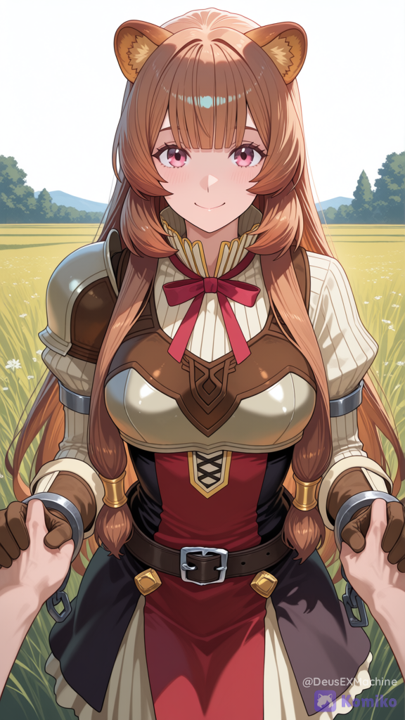 [soft-luminous-anime-style], Raphtalia_(Tate_no_Yūsha_no_Nariagari) 1 girl, demi-human, semi-human, 18 years old, caucasian, slim build, long hair, brown hair, straight bangs covering the forehead, bangs reaching just above her eyes, pinkish-red eyes, raccoon ears, tanuki ears, raccoon ears on the top of the head, fringes at the sides of the face that cover part of the cheeks, two long fringes on each side that fall forward, reach the waist and are gathered by a gold hoop each, loose hair at the back that reaches the waist, red dress with black sides, black belt with silver buckle, underneath the dress a cream-colored garment with vertical lines and an opening at the neckline, closed with a small red bow. leather breastplate with right shoulder protection, long gloves up to the elbows,leather breastplate with right shoulder protection, long brown leather gloves reaching to the elbows, metal pieces in the form of shackles on the wrists and half of the arms, medieval-style clothing, medieval clothing, anime, field background, daytime, facing forward, face to face, smiling, top view, point of view, POV, holding hands