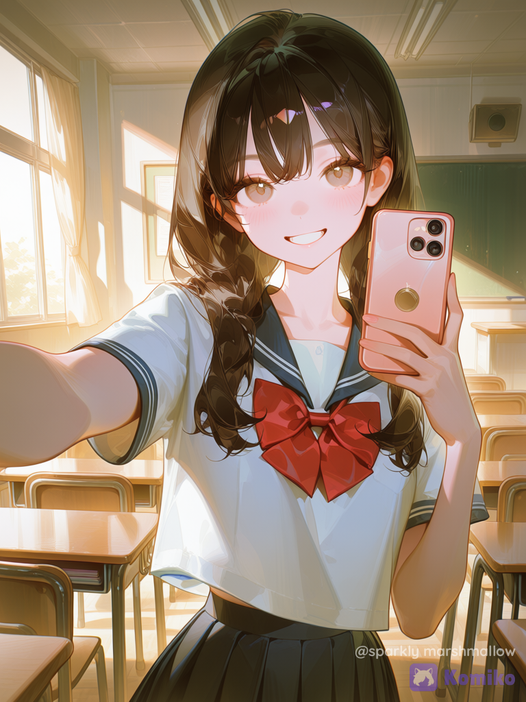 [high-gloss-illustration-style], selfie, school uniform, 1girl