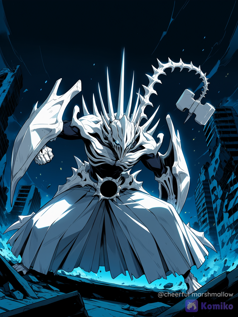 Male anime character, Arrancar Resurreccion form, Bleach style, athletic muscular build, wearing stylized white hakama. His head is fully encased in a solid, elegant white bone hollow helmet-mask that covers his entire forehead and cheeks like a demonic knight helmet, leaving only his glowing eyes visible. From his forearms grow massive, heavy white bone shields with sharp organic edges and defensive plates. On his upper back, dense sharp bone spikes spread out like hedgehog quills. On his chest, a distinct black circular void emblem in the center of his torso. A long bone-segmented tail with a heavy organic hammer-head weapon at the end. Dynamic battle stance, highly dark ruined city background.