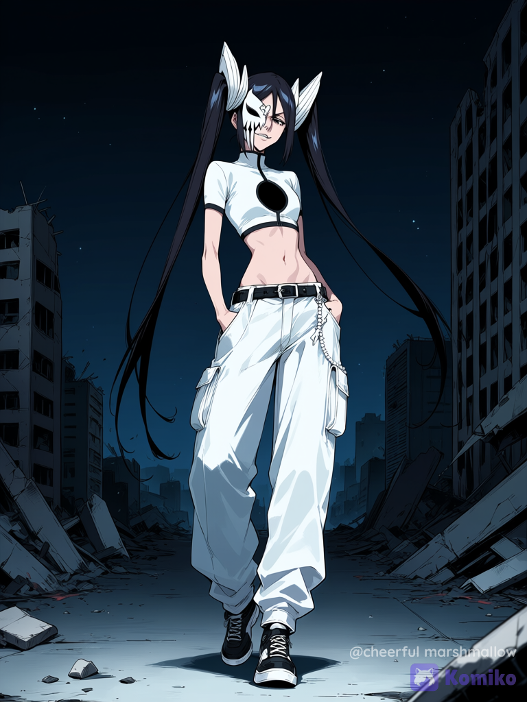 Beautiful female anime character, Base Arrancar form, Bleach style, tsundere and playful expression with a confident smirk. She has long black twin-tails; her hair is secured by distinct heavy white bone organic beads and bone hair-pendants that cascade down. On the left side of her head, she wears a delicate, small white bone hollow mask fragment shaped like a stylized spider decoration. She is wearing a modern white crop-top with black trim, showing her slender waist, midriff, and a perfect circular hollow hole in the center of her chest. She wears loose, stylish white combat pants. Confident standing pose, looking forward, highly dark ruined city background.