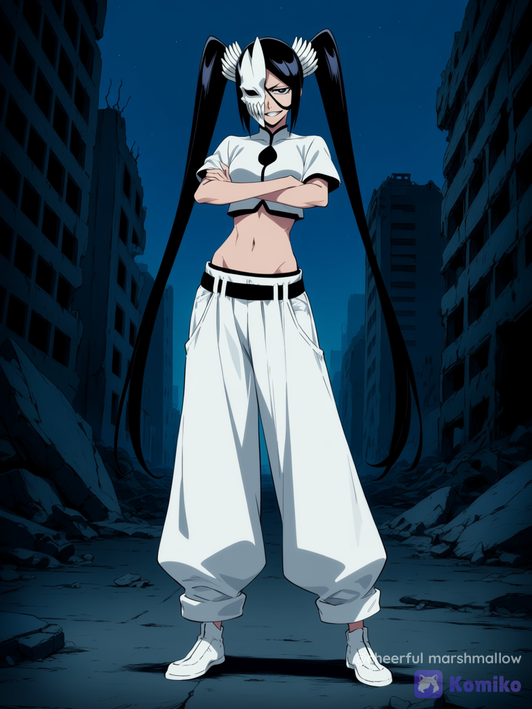 Beautiful female anime character, Base Arrancar form, Bleach style, tsundere and playful expression with a confident smirk. She has long black twin-tails; her hair is secured by distinct heavy white bone organic beads and bone hair-pendants that cascade down. On the left side of her head, she wears a delicate, small white bone hollow mask fragment shaped like a stylized spider decoration. She is wearing a modern white crop-top with black trim, showing her slender waist, midriff, and a perfect circular hollow hole in the center of her chest. She wears loose, stylish white combat pants. Confident standing pose, looking forward, highly dark ruined city background.