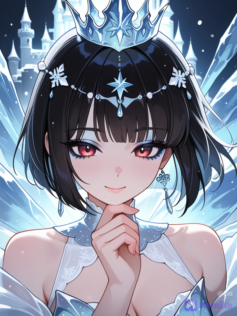score_7, (female focus,a woman), ((digital illustration in manhwa style)), (red eyes, black bob cut, subtle makeup, eyeliner, eyeshadow),,captivating and mysterious.The style is a blend of dark fantasy and, conveying a mood of mystery and allure. The lighting is dramatic, with strong rim lighting highlighting her features and the fan, casting deep shadows and creating an ethereal, almost otherworldly atmosphere. The color palette is dominated by deep blacks and striking reds. The scene evokes a sense of dark fantasy, elegance, and alluring power. The composition is a close-up portrait with a shallow depth of field, focusing on the woman and her immediate surroundings, with bokeh effects enhancing the dreamlike quality. Cinematic lighting, high detail, dramatic. long eyelashes, sunlight, volumetric lighting, snow accessories, ice princess, snow queen, snow accessories, sitting in the protection of a giant ice phoenix, in the ice domain with the giant ice castle in the background, looking at the phoenix, hand touching its chin, happy, warm and intimate atmosphere, breathtaking atmosphere 8K resolution, vibrant colors, dreamy fantasy aesthetic, cinematic fantasy look, high detail, ultra-realistic, ethereal style, delicate softness, poetic lighting, modern digital painting aesthetic, Muted soft colors, old lighting, street style fashion, depth of field, wallpaper