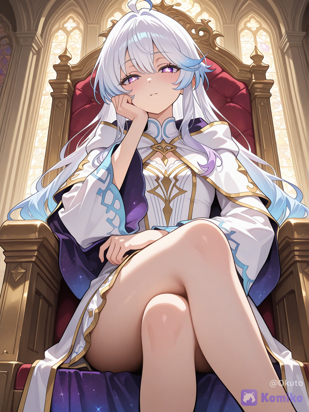 @emiya-hikari-k0Uk,As A God,light purple and dark purple gradient eyed,half-open eyes,Half-Four-pointed star-shaped pupil,mage robe white with gold trim over Isekai Dress white with light blue trim, sitting on throne,Sacred Church Hall,Elbow on armrest,Leaning on armrest, head on hand, Asymmetrical sitting posture, crossed legs, calm,holy atmosphere, looking at viewer, low angle shot, closeup, image