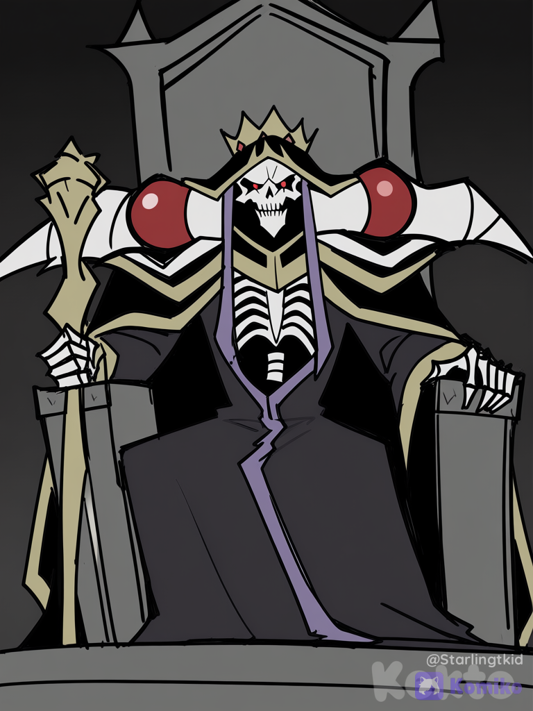 Ainz Ooal Gown (overlord), Camera angle from his right hand to his face, seated on his giant throne, castle, scepter in his right hand, left hand resting on his throne, [pop-sketch-style]