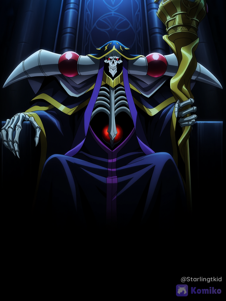 Ainz Ooal Gown (overlord), Camera angle from his right hand to his face, seated on his giant throne, castle, scepter in his right hand, left hand resting on his throne