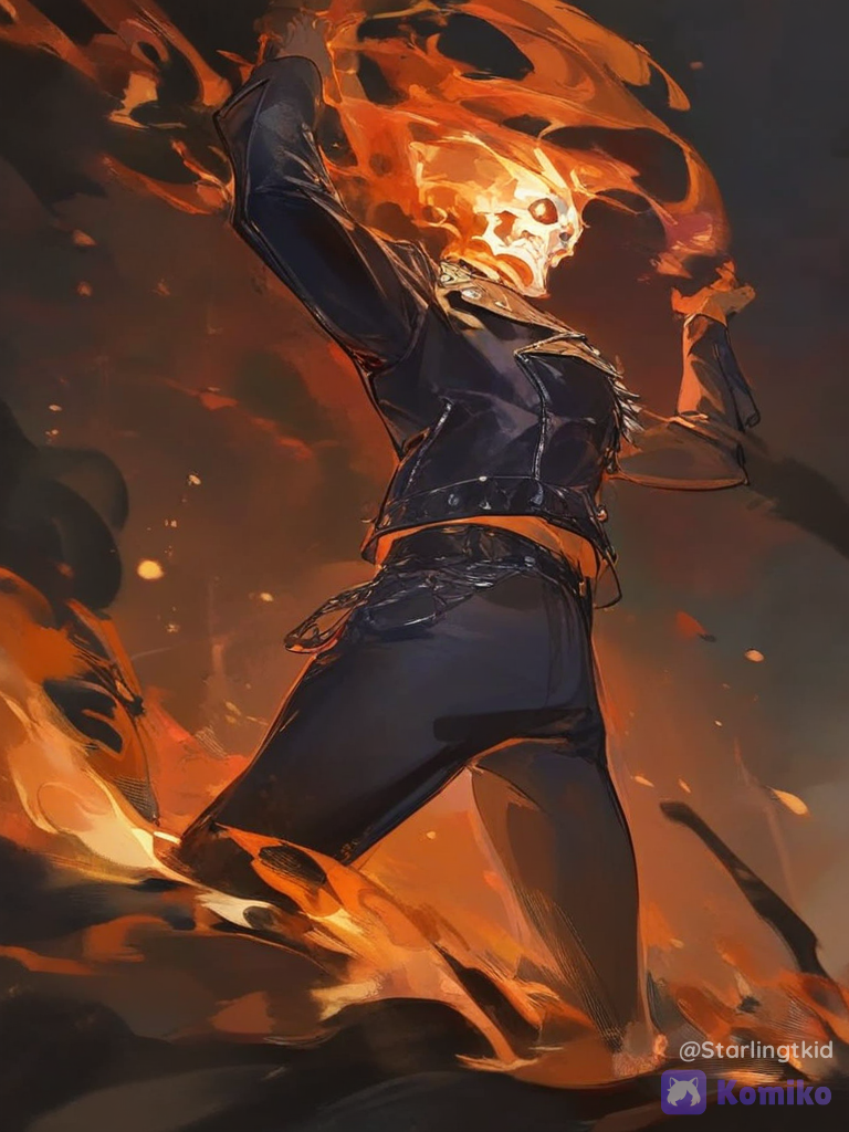 Ghost rider (Marvel), Hell, flames everywhere, camera angle on the ground, monster pose, focusing on the hands, chains of fire in his hands, a gigantic burst of fire coming out of his skull, Leather jacket with spikes, Giant fire on its back, skull visible, firelight, [prismatic-style]