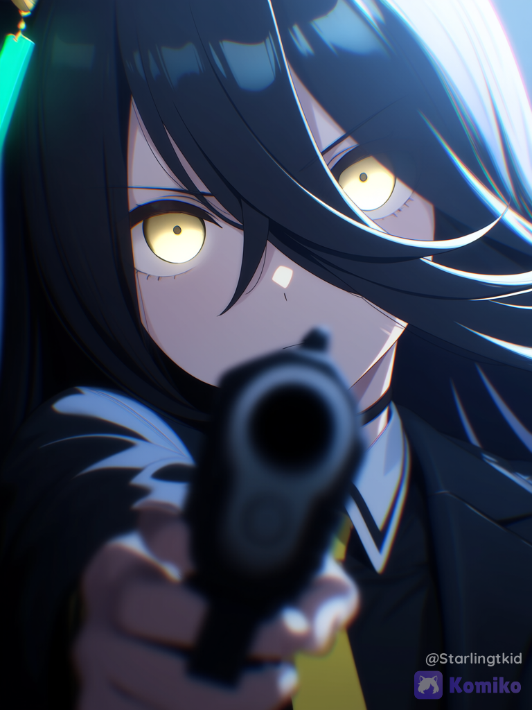 manhattan cafe (umamusume), Holding a gun, pointing it at the camera, serious expression, camera angle very close to the tip of the gun., ethereal lighting