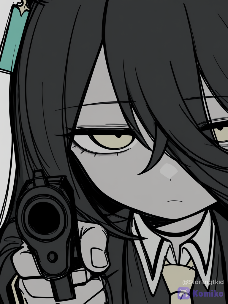 manhattan cafe (umamusume), Holding a gun, pointing it at the camera, serious expression, camera angle very close to the tip of the gun., ethereal lighting, [pop-sketch-style], Tired face, dark circles under the eyes, half-closed eyes