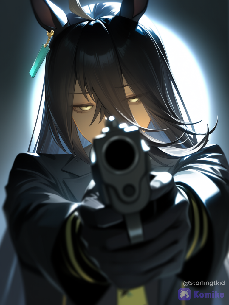 manhattan cafe (umamusume), Holding a gun, pointing it at the camera, serious expression, camera angle very close to the tip of the gun., ethereal lighting, Tired face, dark circles under the eyes, half-closed eyes, spotlight, backlight, [aqua-dreamlight-style]