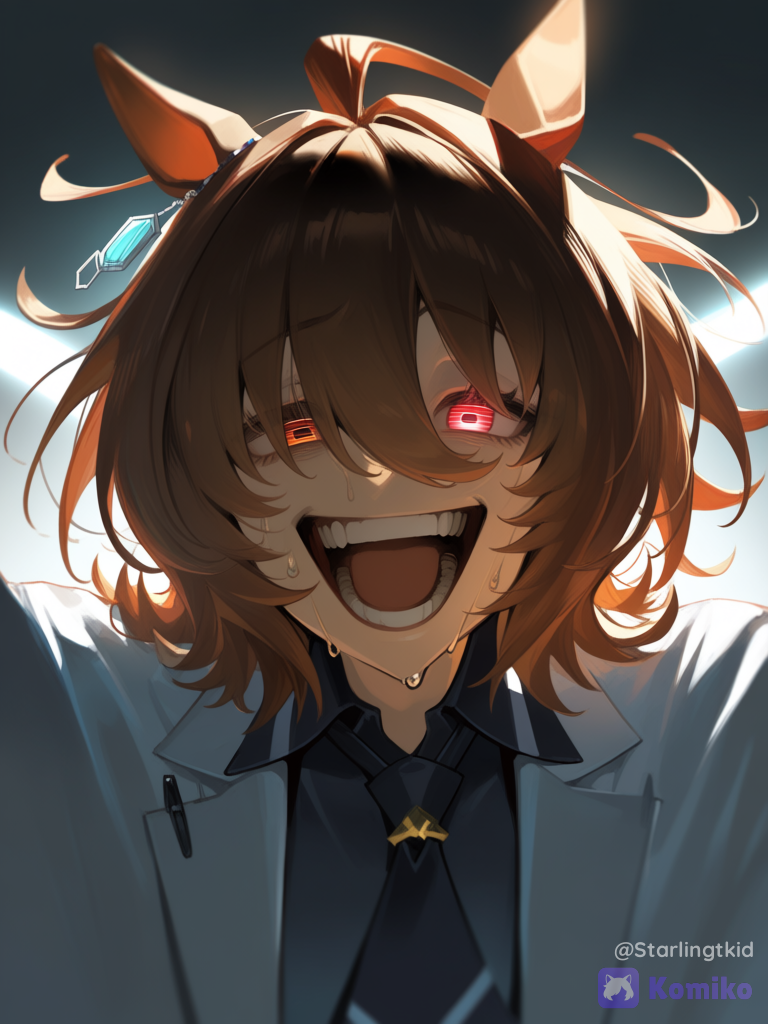 ethereal lighting, half-closed eyes, spotlight, backlight, [aqua-dreamlight-style], agnes tachyon (umamusume), Manic face, hands up, manic laughter, multicolored eyes