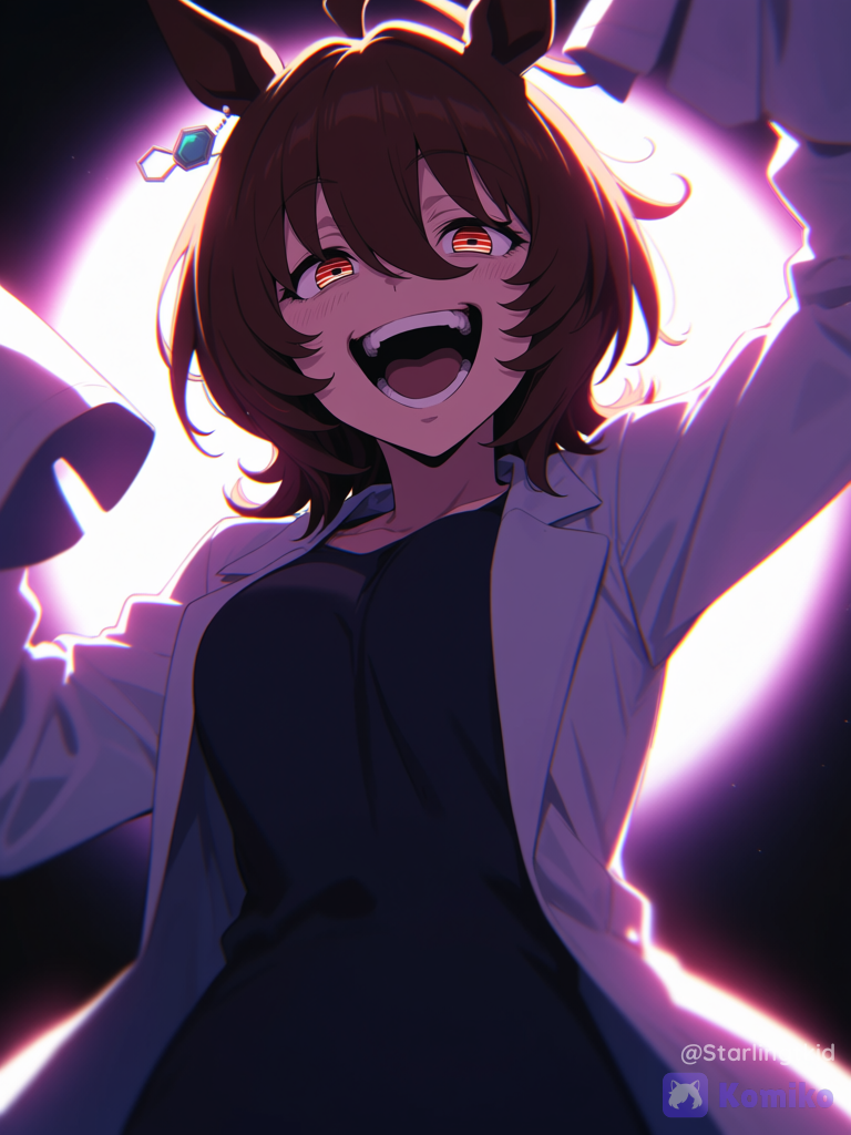 ethereal lighting, half-closed eyes, spotlight, backlight, agnes tachyon (umamusume), Manic face, hands up, manic laughter, multicolored eyes