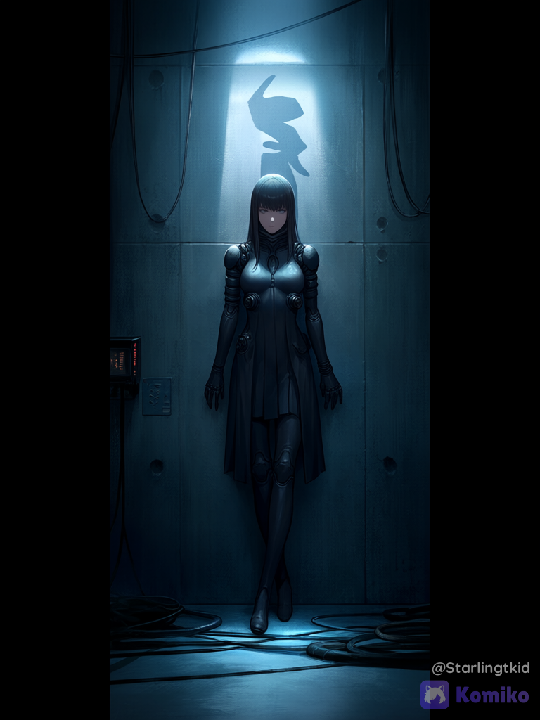 Killy (BLAME!), Concrete room, cables on the floor, Leaning against the wall, ethereal lighting, backlight