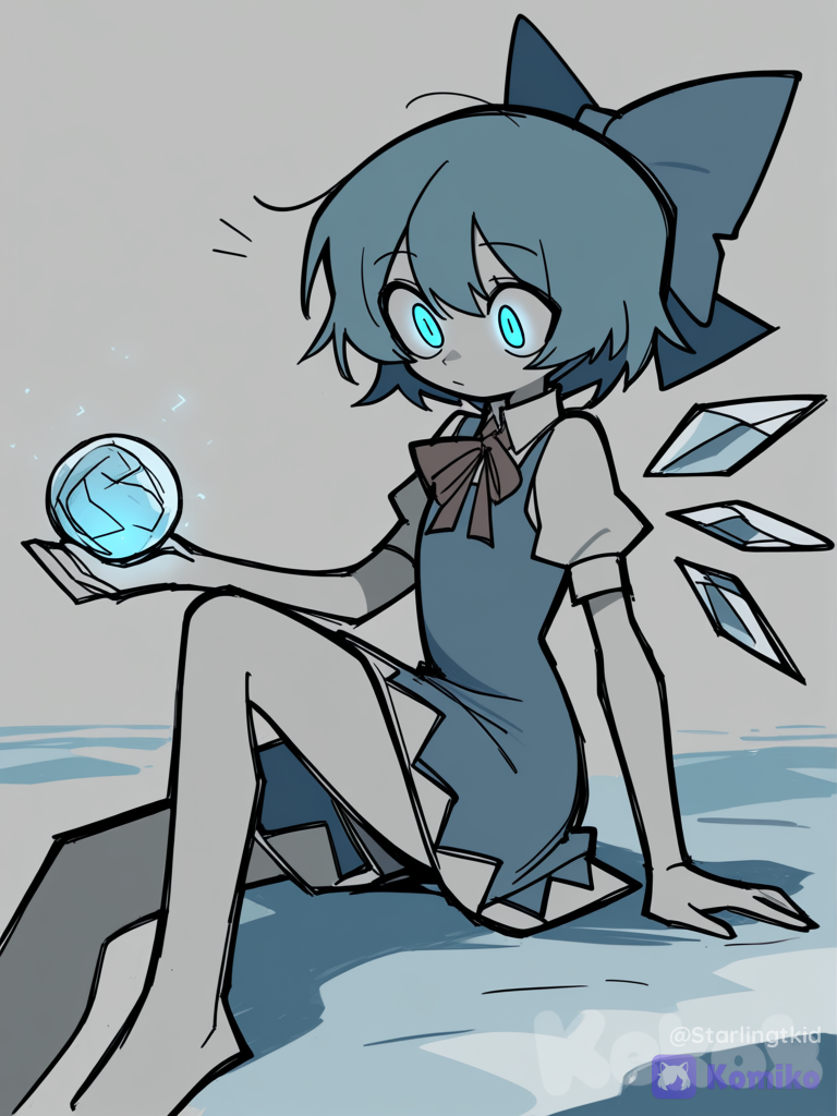 cirno, Sitting in a cool pose, holding an ice orb in her hand, Electric blue eyes glowing, ice field, [pop-sketch-style]