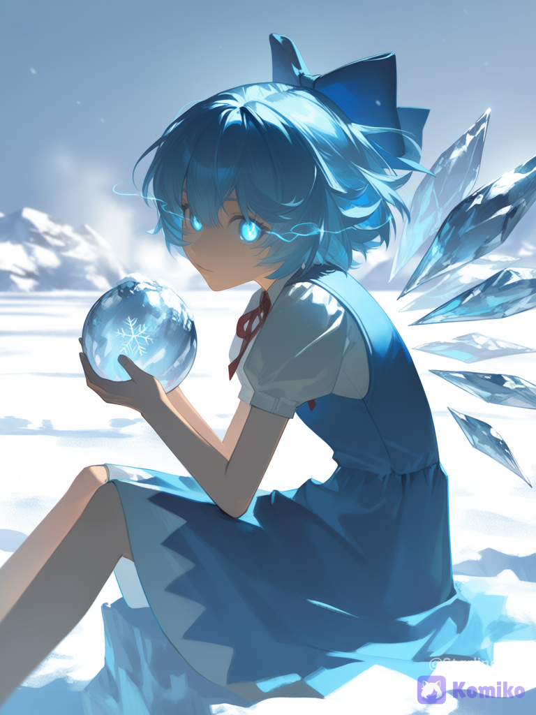 cirno, Sitting in a cool pose, holding an ice orb in her hand, Electric blue eyes glowing, ice field, [aqua-dreamlight-style]
