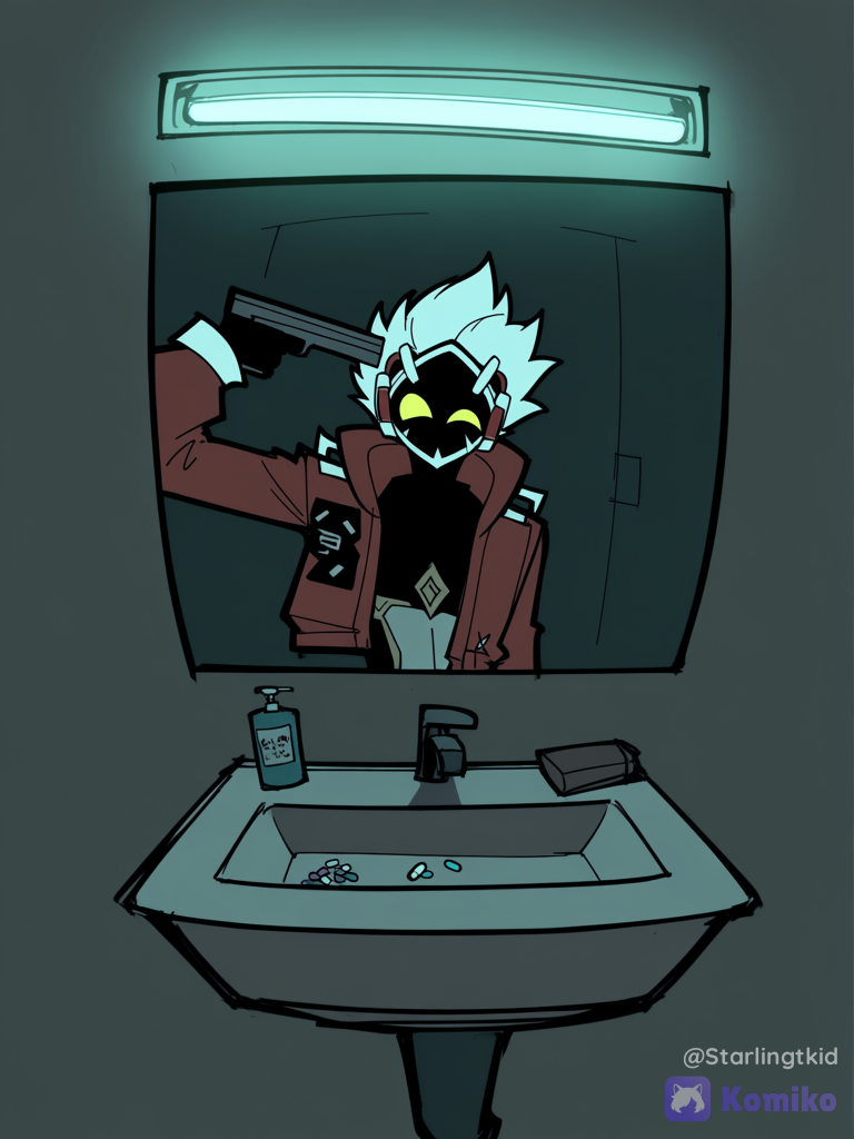 Billy Kid (zenles zone zero), Looking at her reflection in the bathroom mirror, pills in the sink, ethereal lighting, window light, glowing particles, Fisheye camera,POV, Dim, cool light, Very dim green light, Billy (zenless zone zero), Pointing a gun at his head, [pop-sketch-style]