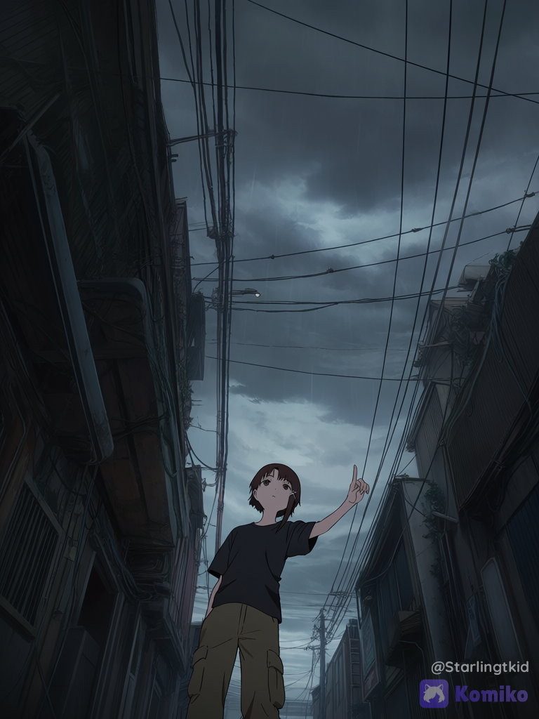 iwakura lain, Urban area with many cables, camera angle close to his eye, finger pointing, strange atmosphere, brown cargo pants, black shirt, ethereal lighting, stormy sky