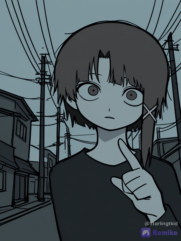 iwakura lain, Urban area with many cables, camera angle close to his eye, finger pointing, strange atmosphere, brown cargo pants, black shirt, ethereal lighting, stormy sky, [pop-sketch-style]