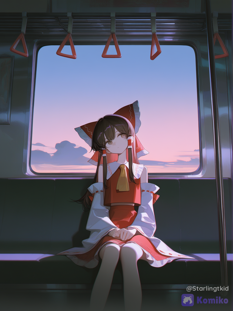 sitting on a subway, head tilt, expressionless, looking away, ethereal lighting, twilight, backlight, sky, cloud, gradient background, [high-contrast-glossy-style], hakurei reimu