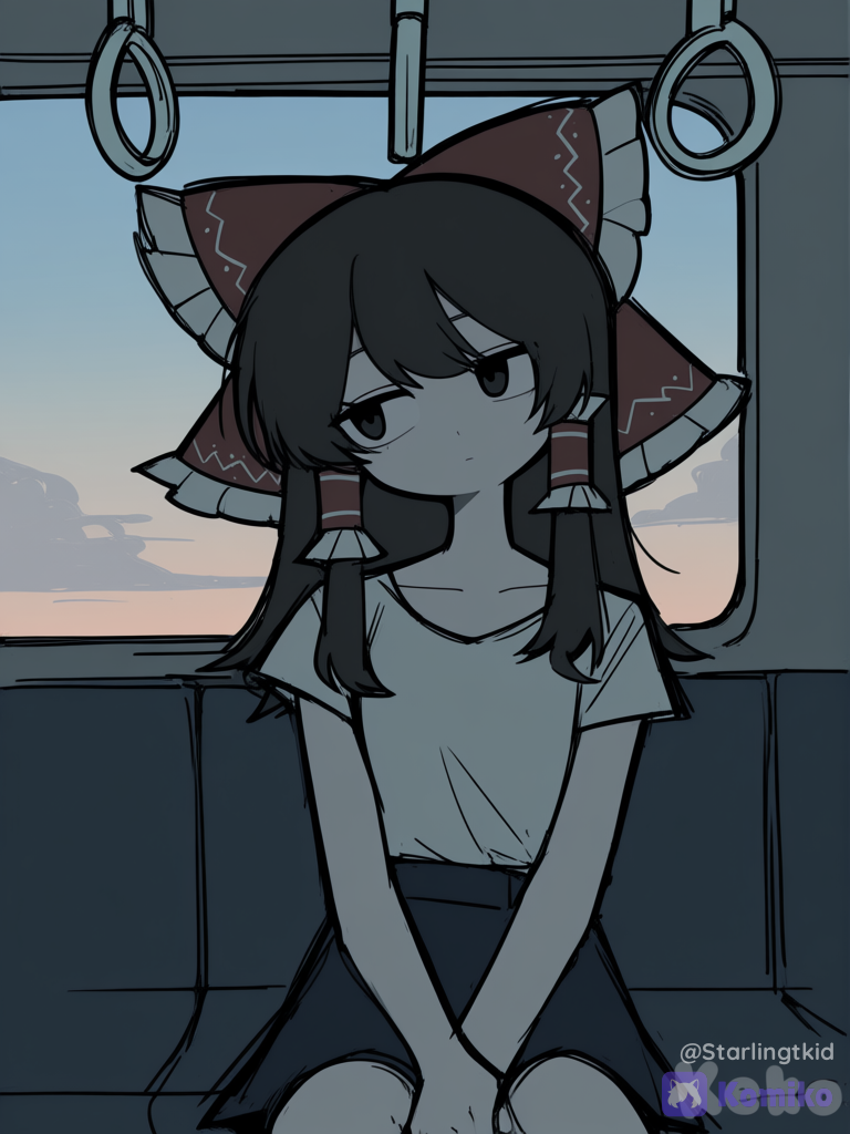 sitting on a subway, head tilt, expressionless, looking away, ethereal lighting, twilight, backlight, sky, cloud, gradient background, hakurei reimu, [pop-sketch-style]