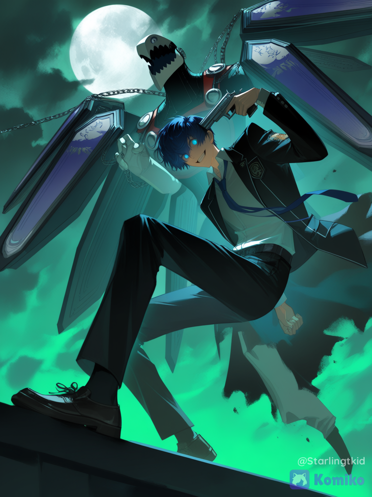 Makoto Yuki, shooting herself in the head, crazy face,Pointing a gun at his head, bright blue eyes, green night, on top of a building, Thanatos (persona 3) Floating behind him, [aqua-dreamlight-style], 2people, stormy sky, full moon, smile, Navy blue hair