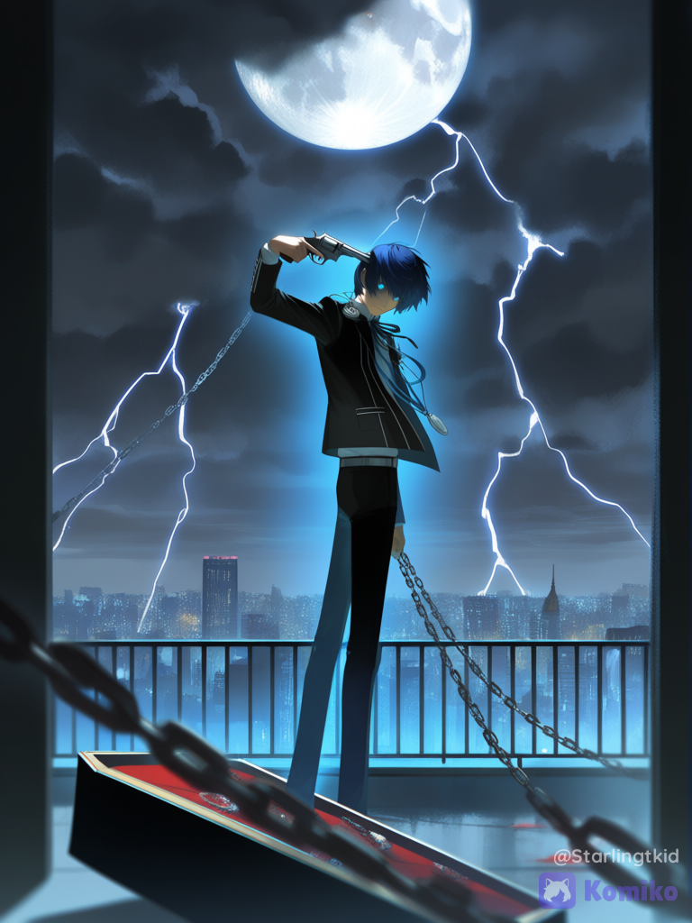 Makoto Yuki (persona 3), shooting herself in the head, crazy face,Pointing a gun at his head, bright blue eyes, green night, on top of a building, Thanatos (persona 3) Floating behind him, 2people, stormy sky, full moon, Navy blue hair, wide shot, chromatic aberration, ethereal lighting, balcony, cityscape, skyscraper, expressionless, [aqua-dreamlight-style]