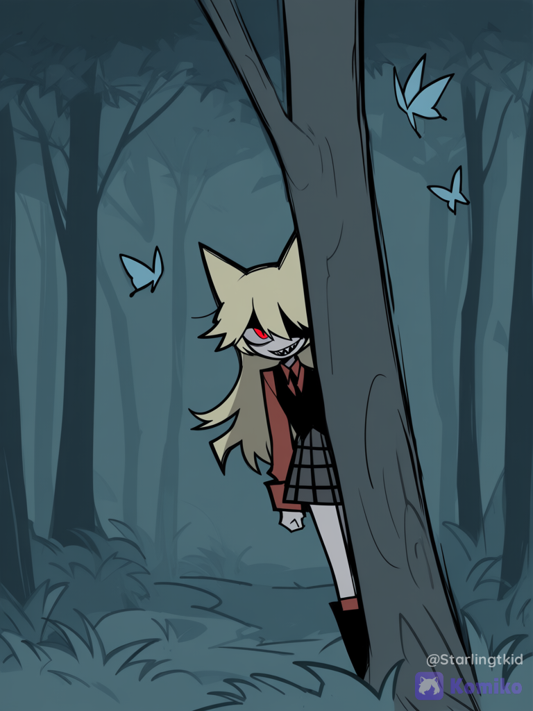 Number of people: 1girl Characters on screen: (Moge-ko (mogeko castle), blonde hair, red eyes, pleated skirt, animal ears, knee-high boots, black vest with red shirt, cat ears, church, Shark teeth) Action to be taken: He's peeking out from a tree, looking at you with murderous intent; only part of his face is visible, with his glowing red eyes. Image location: In a beautiful forest during the day, with butterflies all around, Lightning: ethereal lighting Camera angle: far from the character and with an atmosphere of mystery
Art style:, [pop-sketch-style]