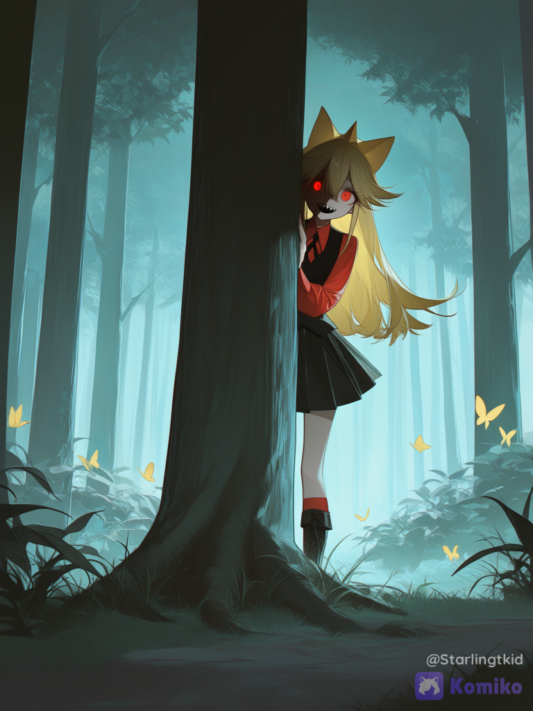 Number of people: 1girl Characters on screen: (Moge-ko (mogeko castle), blonde hair, red eyes, pleated skirt, animal ears, knee-high boots, black vest with red shirt, cat ears, church, Shark teeth, It comes from blood) Action to be taken: He's peeking out from a tree, looking at you with murderous intent; only part of his face is visible, with his glowing red eyes. Image location: In a beautiful forest during the day, with butterflies all around, Lightning: ethereal lighting Camera angle: far from the character and with an atmosphere of mystery Art style:, [high-contrast-glossy-style]