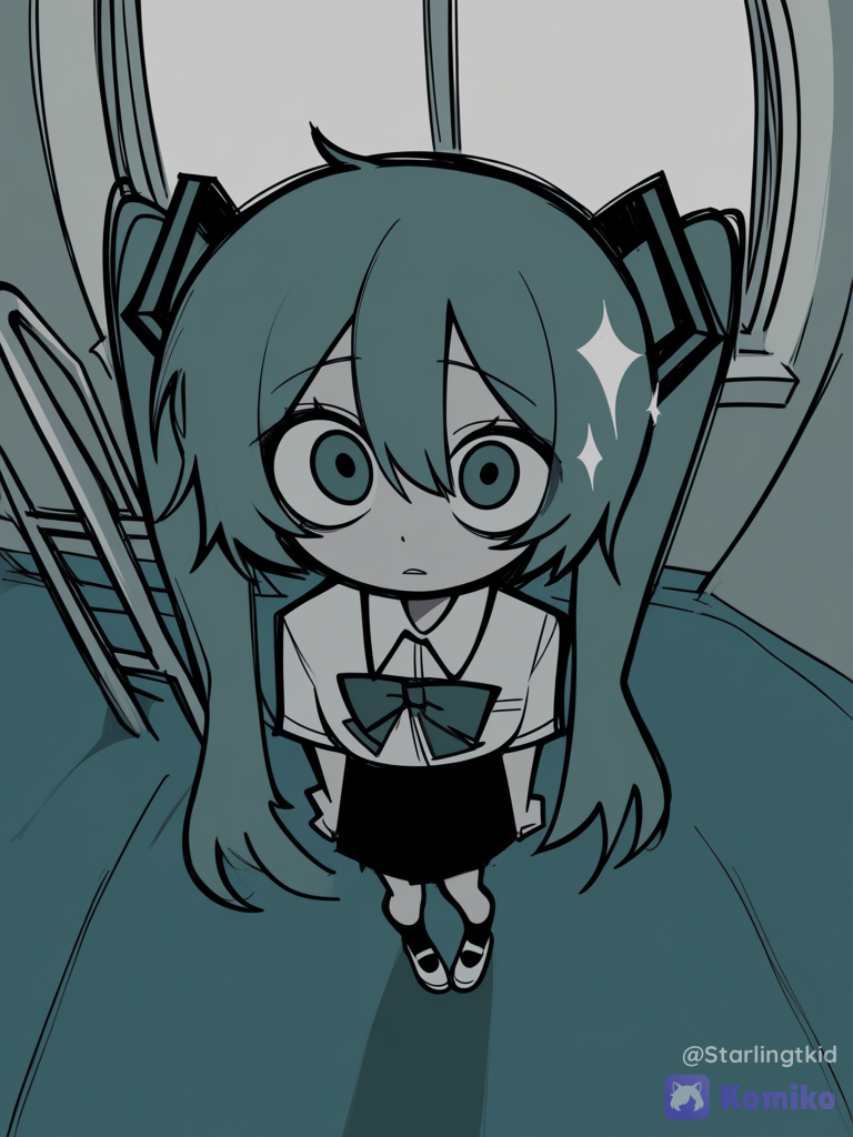 Number of people: 1girl Characters on screen: Hatsune miku Character's clothing: In school clothes Action to be taken: She is confused, with her legs slightly bowed and a lost look in her eyes. Image location: poolroms, Lightning: ethereal lighting, window light, sparkle Camera angle: Camera angle on her forehead, depth of field, from above, panoramic lens Art style:, [pop-sketch-style]