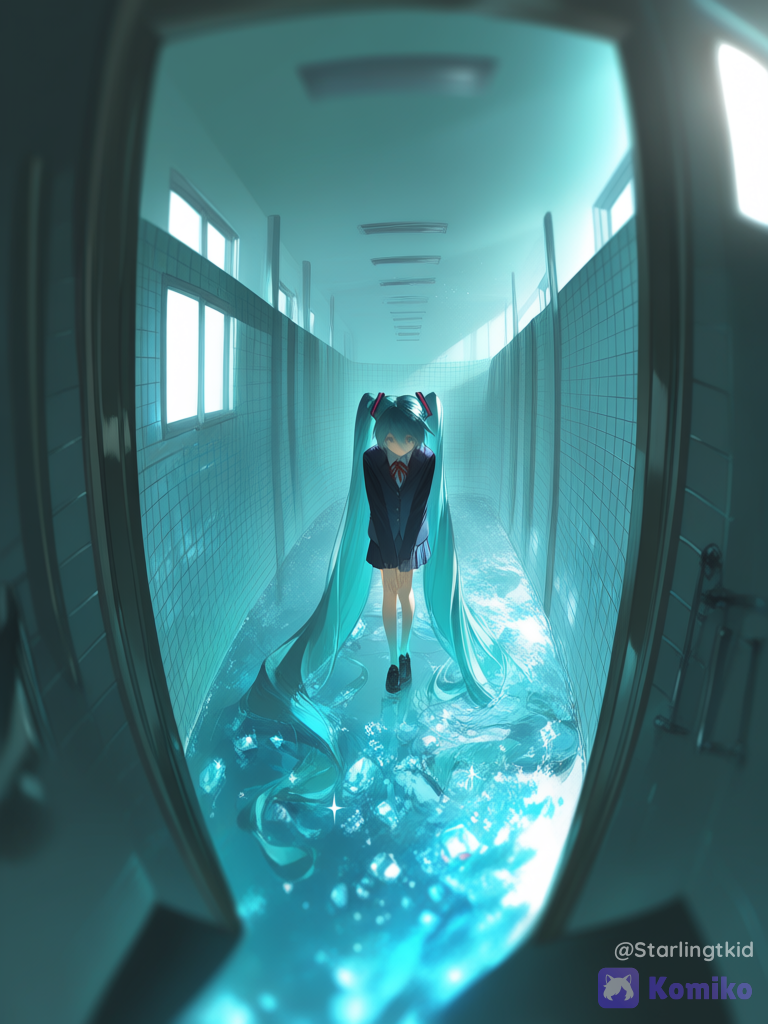 Number of people: 1girl Characters on screen: Hatsune miku Character's clothing: In school clothes Action to be taken: She is confused, with her legs slightly bowed and a lost look in her eyes. Image location: Crystal clear water on the floor, bathroom walls, liminal space, Dead end, labyrinth, things that make no sense at the bottom Lightning: ethereal lighting, window light, sparkle Camera angle: Camera angle on her forehead, depth of field, from above, panoramic lens, fisheye camera, Near her forehead Art style:[aqua-dreamlight-style]