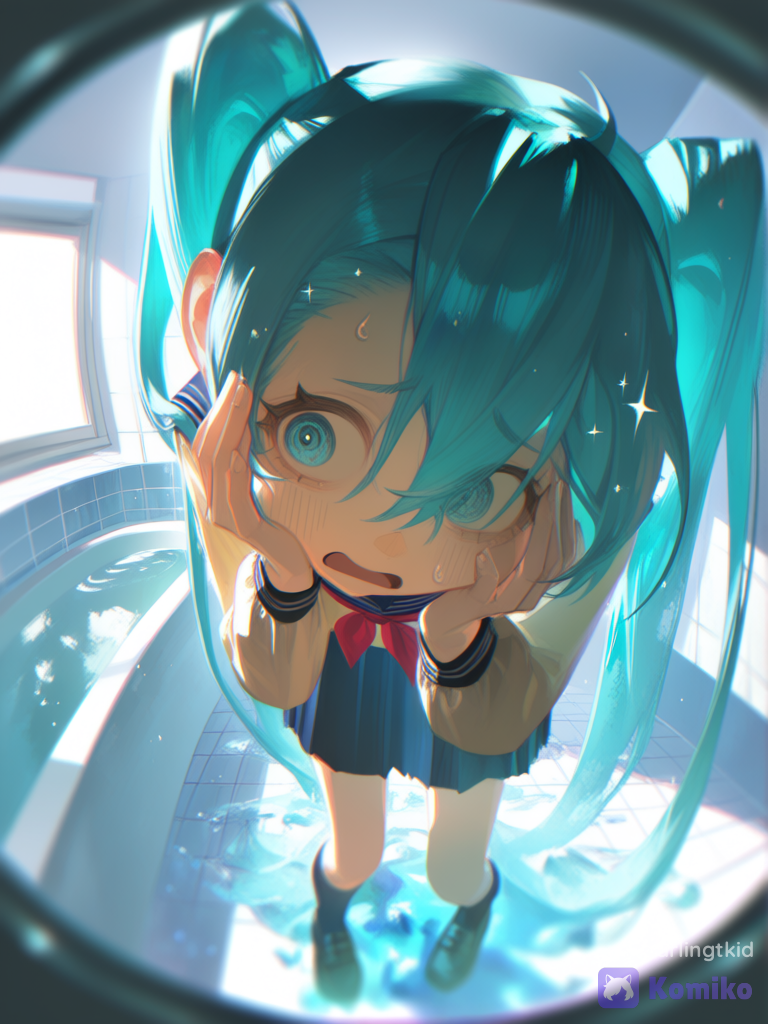 Number of people: 1girl Characters on screen: Hatsune miku Character's clothing: In school clothes Action to be taken: She is confused, with her legs slightly bowed and a lost look in her eyes. Image location: Crystal clear water on the floor, bathroom walls, liminal space, Dead end, labyrinth, things that make no sense at the bottom Lightning: ethereal lighting, window light, sparkle Camera angle: Camera angle on her forehead, depth of field, from above, panoramic lens, fisheye camera, Near her forehead Art style:[aqua-dreamlight-style], chromatic aberration, vibrant color