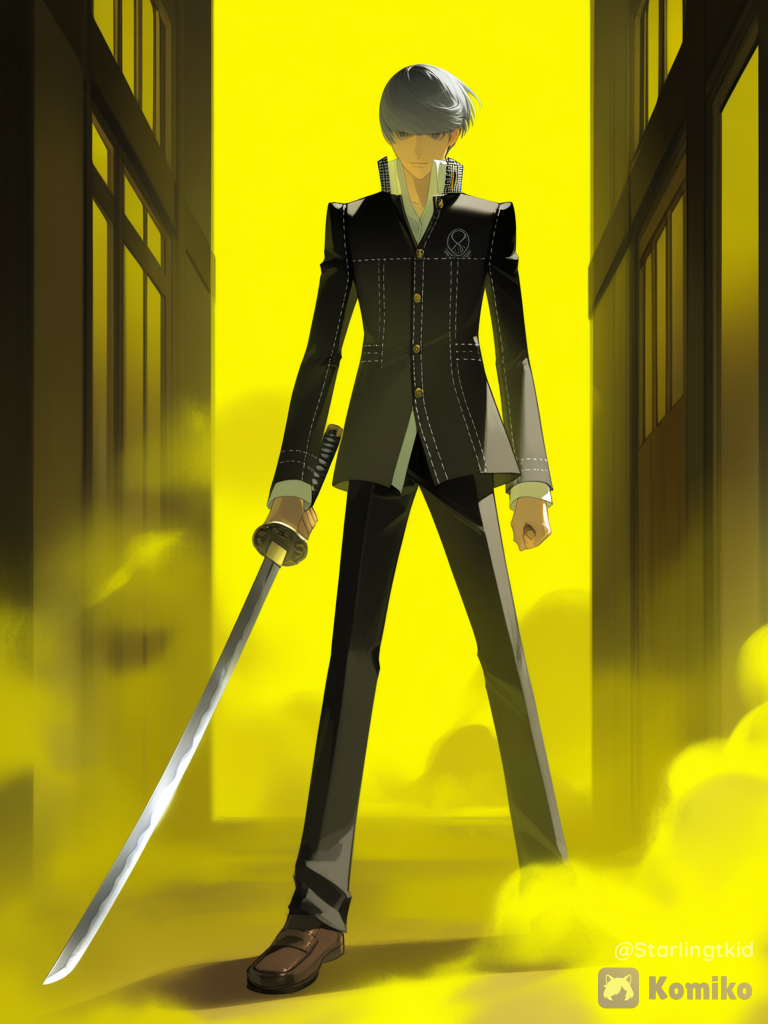 Number of people: 1boy Characters on screen: yu narukami (persona 4) Character's clothing: School clothes Action to be taken: He is in a fighting pose with a katana, with no expression whatsoever. Image location: In a Japanese school with a dense yellow fog Lightning: Good lighting, somewhat limited by the fog Camera angle: A close-up of the protagonist, from a distance to see his full body Art style:[aqua-dreamlight-style]