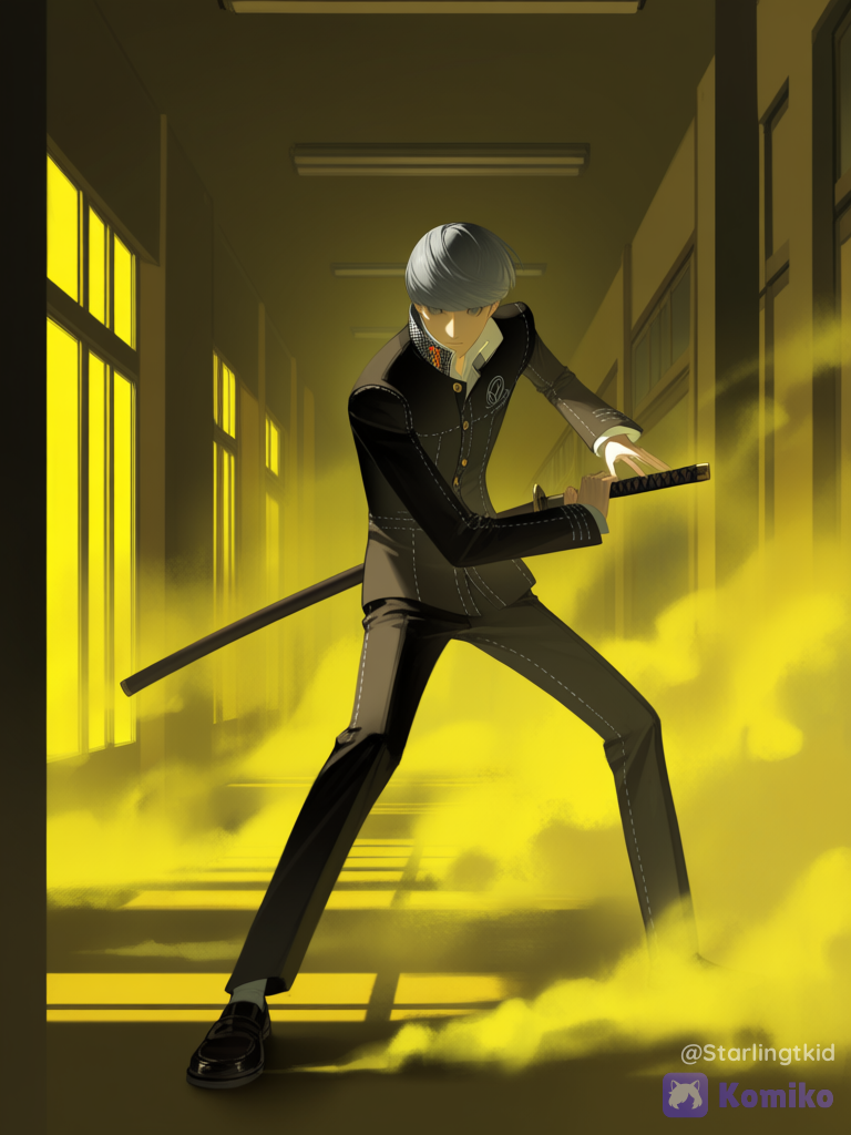 Number of people: 1boy Characters on screen: yu narukami (persona 4) Character's clothing: School clothes Action to be taken: He is in a fighting pose with a katana, with no expression whatsoever. Image location: In a Japanese school with a dense yellow fog Lightning: Good lighting, somewhat limited by the fog Camera angle: A close-up of the protagonist, from a distance to see his full body Additional features: Charismatic, Persona 4 revival, Art style:[aqua-dreamlight-style]