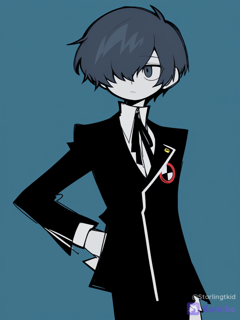 Makoto yuki (persona 3), Posing, The background has to be blue., [pop-sketch-style]