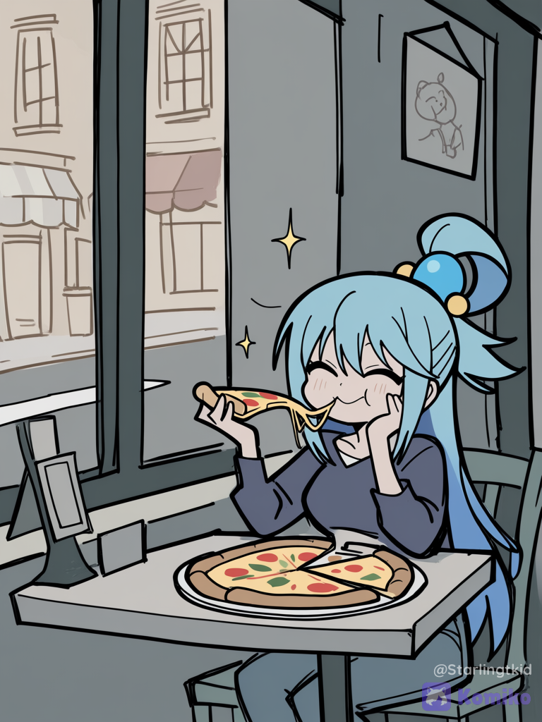 aqua (konosuba), Eating a slice of pizza in a pizzeria, looking out at the street with people passing by, wearing casual clothes, right hand on the table, left hand on his slice of pizza, looking like he's eating something delicious, I'd like the lighting to be in the afternoon, with a magical touch., [pop-sketch-style]