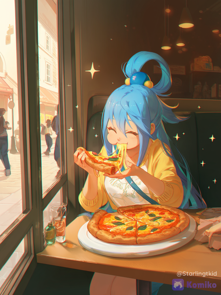 aqua (konosuba), Eating a slice of pizza in a pizzeria, looking out at the street with people passing by, wearing casual clothes, right hand on the table, left hand on his slice of pizza, looking like he's eating something delicious, I'd like the lighting to be in the afternoon, with a magical touch., chromatic aberration, [reflective-scenic-style]