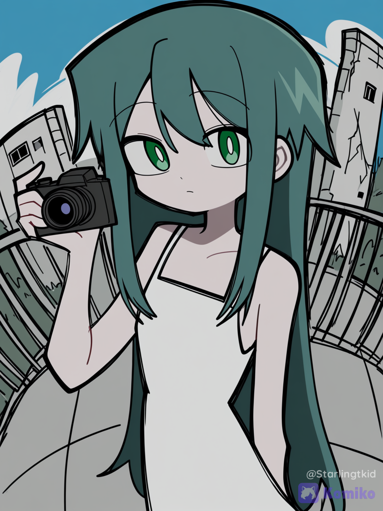 Saya (saya no uta), Camera angle in holding the camera lens, fisheye camera, bright mint green eyes, cool pose, ruined place, [pop-sketch-style], White summer dress, vibrant color