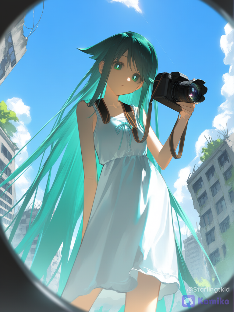 Saya (saya no uta), Camera angle in holding the camera lens, fisheye camera, bright mint green eyes, cool pose, ruined place, White summer dress, vibrant color, [aqua-dreamlight-style]