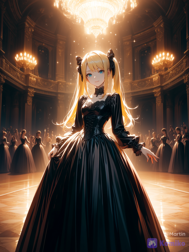 do her in fabolous silk dress doing to a majestic ball, she is looking stunning, and she is the center of attention, spotlight is on her, @lucy-MIb7