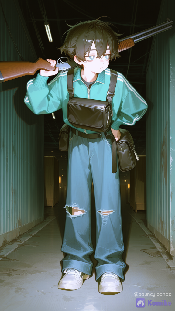 1boy, thin short frame without visible muscles, short messy hair, cute, oversized clothes, wears tattered tracksuit jacket + oversized jeans + Canvas shoes + sport waistbag over the chest. Background less saturated than character itself, holding shotgun over shoulder with both hands on shoulders, hands on shotgun. Leaning slightly forward. Warehouse, night, complete darkness. Looking at side. Tired and uninterested, white glowing pupils, [high-gloss-illustration-style]