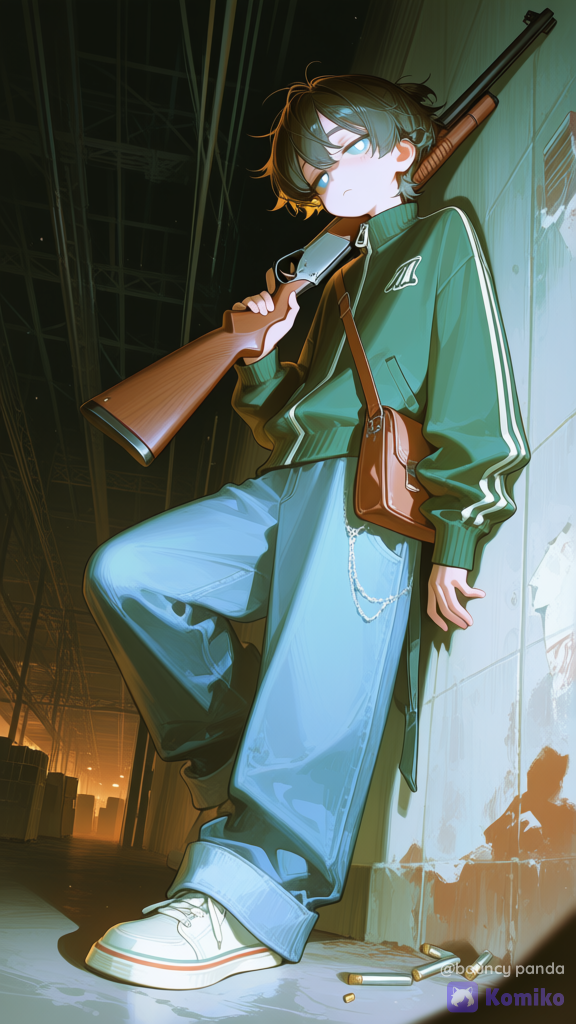 1boy, thin short frame without visible muscles, short messy hair, cute, oversized clothes, wears tattered tracksuit jacket + oversized jeans + Canvas shoes + crossbody waistbag. Background less saturated than character itself, holding shotgun over shoulder, hands on shotgun. Leaning one leg against the wall Warehouse, night, complete darkness. Looking at side. Tired and uninterested, white glowing pupils, [high-gloss-illustration-style]