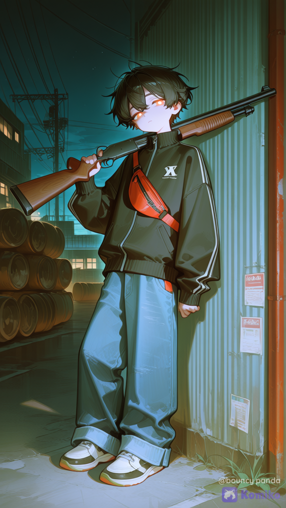 1boy, thin short frame without visible muscles, short messy hair, cute, oversized clothes, wears tracksuit jacket + oversized jeans + Canvas shoes + crossbody fanny pack. Background less saturated than character itself, holding shotgun over shoulder, shotgun barrel is upside down. Leaning one leg against the wall Warehouse, night, complete darkness. Looking at viewer. Tired and uninterested, white glowing pupils, [high-gloss-illustration-style]