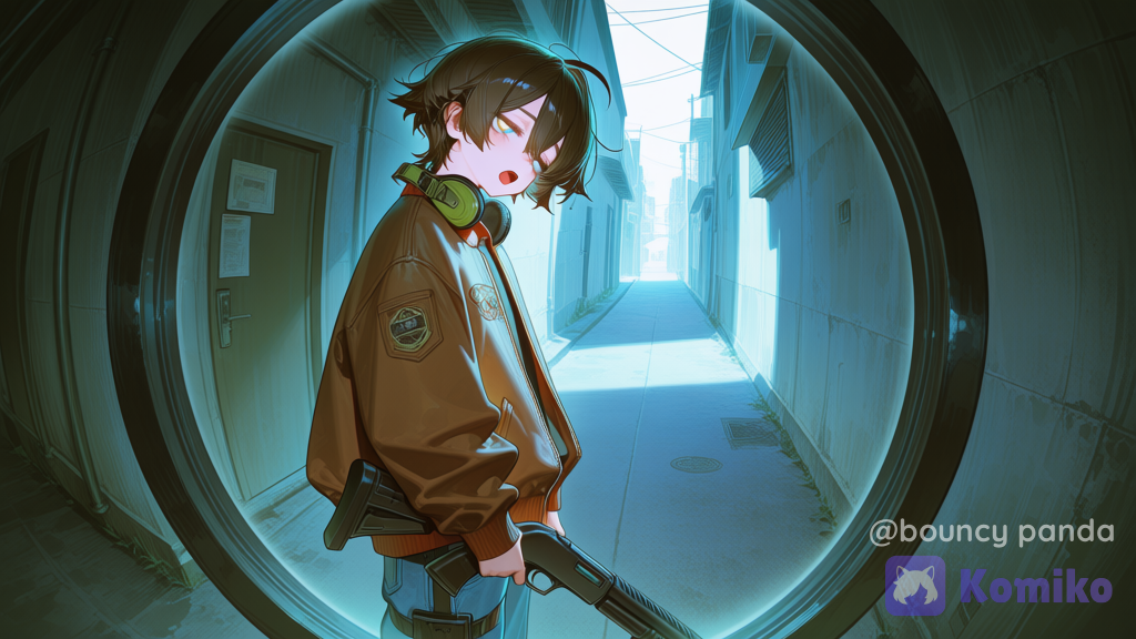 1boy, thin short frame without visible muscles, short messy hair, cute, baggy clothes, wears acid-wash brown bomber + oversized jeans + Canvas shoes + olive tactical headset on neck + olive tactical harness. Background less saturated than character itself, holding stockless shotgun. Glowing white pupils, mouth open, tired, cowboy shot, from side, looking at side, volumetric lighting, [high-gloss-illustration-style], half-lidded eyes, thigh strap, fisheye, dark concrete backalley on background