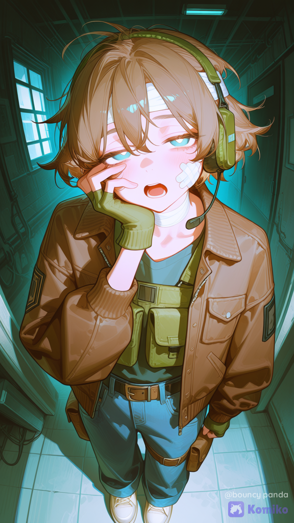 1boy, thin short frame without visible muscles, short messy hair, cute, baggy clothes, wears brown bomber with black rectangle patch on arm + oversized jeans + Canvas shoes + olive chest harness with pouches + wool fingerless gloves. Olive tactical headset on neck. Adhesive bandage on the cheek, head wrapped in bandages. Background less saturated than character itself. Glowing white pupils, mouth open, tired, cowboy shot, from above, looking at viewer, half-lidded eyes, thigh strap, fisheye effect, industrial backalley background, distortion, [high-gloss-illustration-style], hand on own face, window light, Glitch background