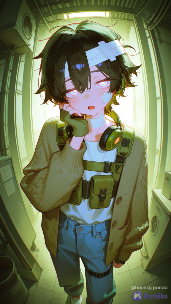 1boy, thin short frame without visible muscles, short messy hair, cute, baggy clothes, wears open knit cardigan + oversized jeans + Canvas shoes + olive chest harness with pouches + wool fingerless gloves. Olive tactical headset on neck. Adhesive bandage on the cheek, head wrapped in bandages. Background less saturated than character itself. Glowing white pupils, mouth open, tired, cowboy shot, from above, looking at viewer, half-lidded eyes, thigh strap, fisheye effect, industrial backalley background, distortion, [high-gloss-illustration-style], hand on own face, window light, Glitch background