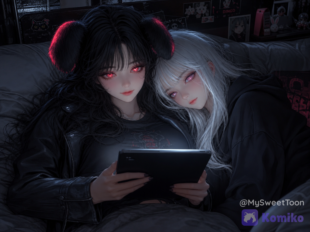 High-quality digital illustration, cinematic fantasy atmosphere, highly ethereal softness, delicate poetic lighting, polished modern digital painting aesthetic, refined semi-realistic anime-inspired rendering, elegant glossy highlights, quality, ultra-. Character 1 (left side): @sansa-90Kv, wavy jet-black hair, floppy black dog ears with neon-red tips, glowing red eyes with heart-shaped pupils, subtle makeup, black eyeliner and soft eyeshadow. She is dressed in a stylish biker-inspired outfit consisting of a fitted black T-shirt and an open black leather jacket. Character 2 (right side): @victoria-WeOx, straight white hair, glowing pink eyes, subtle makeup, black eyeliner and soft eyeshadow, calm and focused expression. She is wearing a loose, cozy black hoodie. Position and Action: The two characters are relaxing together on a comfortable bed in a dark, cozy bedroom with a youthful modern aesthetic. The black-haired girl with dog ears is lying comfortably on her back with her upper body slightly raised, holding a glowing tablet in both hands. The white-haired girl is lying comfortably beside her with her head gently resting on the black-haired girl's shoulder. Both characters are calmly focused on the tablet screen. The soft light from the tablet gently illuminates their faces, white hair, black hair, dog ears, clothing, and the space around them. Create a peaceful sense of companionship and shared attention. Cinematic composition, soft ambient shadows, subtle rim lighting, volumetric light, atmospheric depth, fabric textures, natural poses, expressive eyes, polished rendering, high detail, ultra-finish.