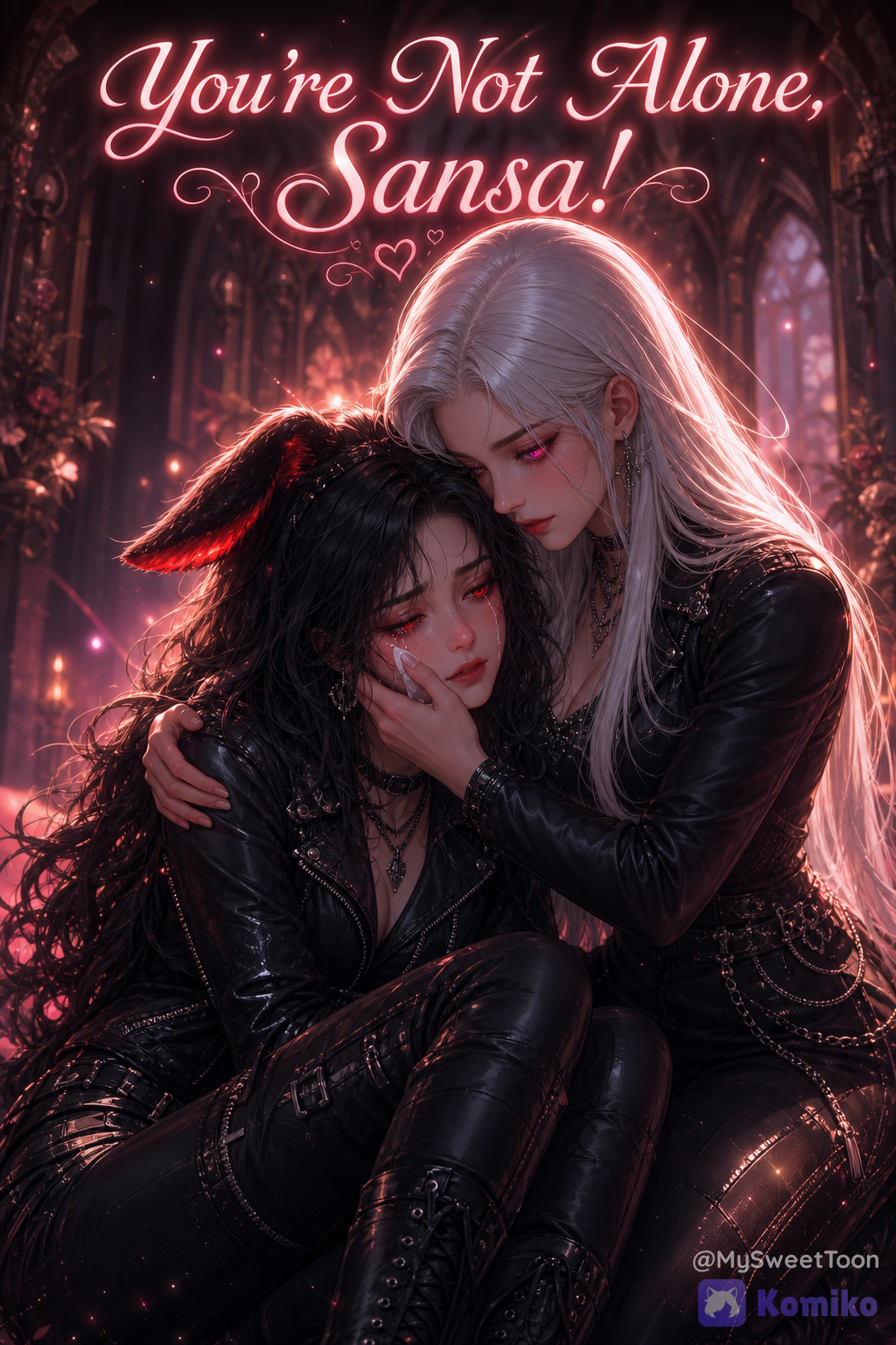 digital illustration, cinematic fantasy look, high detail, ethereal style with delicate softness and poetic lighting, modern digital painting aesthetic, ultra-. Semi-realistic anime style combined with sensual glossy aesthetic. Scene: @sansa-90Kv is sitting on the ground, crying, with tears streaming down her face. @victoria-WeOx is kneeling beside her, wrapping her arms around @sansa-90Kv in a warm, protective embrace. @victoria-WeOx gently wipes @sansa-90Kv's tears away with one hand, her expression tender and reassuring. The atmosphere is intense yet intimate, filled with emotional warmth and comfort. Characters:
- @sansa-90Kv : long eyelashes, wavy jet black hair, floppy black dog ears with neon-red tips, glowing red eyes with heart-shaped pupils, subtle makeup with eyeliner and eyeshadow, wearing a biker woman outfit (leather jacket, fitted pants, boots), volumetric lighting accentuates her features.
- @victoria-WeOx : long eyelashes, straight white hair, one glowing pink eye (other eye visible but subtle), subtle makeup with black eyeliner and eyeshadow, intense yet gentle expression, wearing elegant dark clothing that complements Sansa's biker style. Lighting: Volumetric lighting with soft, poetic glow, dramatic shadows and highlights, warm golden and pink ambient light wrapping around both figures, creating a dreamy, emotional atmosphere. Top of the image: bold, elegant text reading "You're Not Alone, Sansa!" in a soft glowing font, integrated harmoniously into the composition.