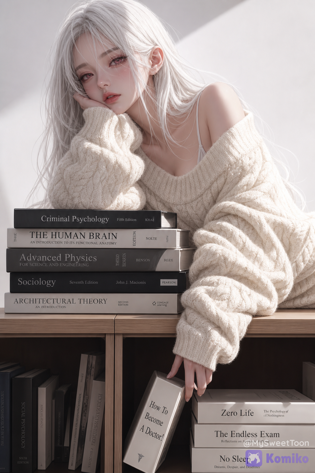 digital illustration, cinematic fantasy look, high detail, ethereal style with delicate softness and poetic lighting, modern digital painting aesthetic, ultra-. (Like semi-realistic anime style + sensual glossy style) Character: long eyelashes, volumetric lighting, @victoria-WeOx,straight white hair, pink eye, subtle makeup, black eyeliner, eyeshadow, intense atmosphere. She's wearing an outfit features a plush, cream-colored oversized sweater made from a soft, fluffy yarn, distinguished by an intricate, classic cable-knit pattern running across the torso and sleeves. It is styled in an off-the-shoulder manner, asymmetrically draped to expose the collarbone and one shoulder, revealing thin white spaghetti straps from a garment worn underneath. The sweater has exceptionally loose, voluminous long sleeves with wide openings that drape and bunch elegantly around the hands, and it is finished with a ribbed hem at the bottom, creating a warm, relaxed, and cozy boxy silhouette. Pose: she's is leaning forward with her upper body resting on a tall stack of books. One arm is bent upwards, with the hand supporting the chin or face, while the other arm hangs straight down, with the fingers resting on a book that is protruding from the lower shelf. The background is a plain white wall. She is situated behind a wooden shelving unit that has square cubbies. Resting on the surface of the desk is a neatly stacked pile of hardcover books. Inside the lower cubbies, there are additional books; specifically, one with the title "How To Become A Doctor!" is angled downward and sticking out, and white books with a partial titles reading "Zero Life", "The Endless Exam" and "No Sleep" are placed on the right side of the shelf.